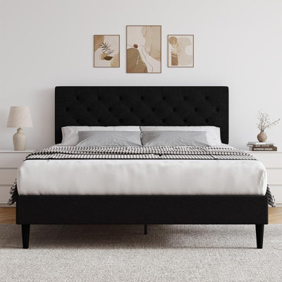 Bed Frames with Button Tufted Headboard, Linen Upholstered Platform Bed with Wooden Slats Support, Easy Assembly, No Box Spring Required
