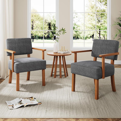 Mid-Century Accent Chair Set of 2 with Wood Frame, Linen Fabric Upholstered Lounge Arm Chair with Classic Vertical Stripe Reading Leisure Chair for Living Room, Bedroom, Balcony