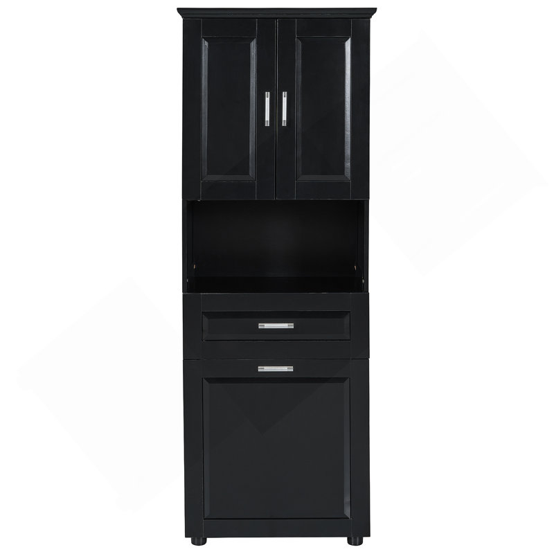Grande armoire de salle de bain avec panier à linge, grand espace de rangement, Noir