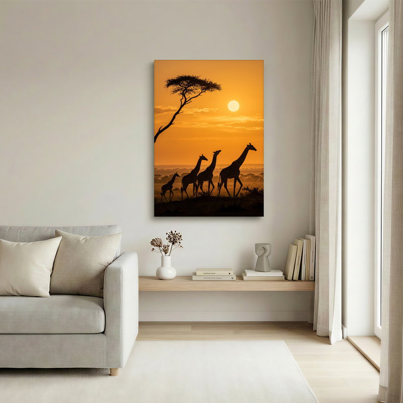 «Giraffes Silhouette Walking Pass Acacia Tree at Golden Sunset», art mural sur toile, 40"H x 28"W