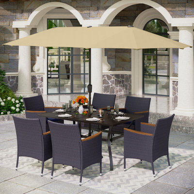 Alyah 6 - Person Wicker Patio Dining Set with Rectangular Table , Cushions Included