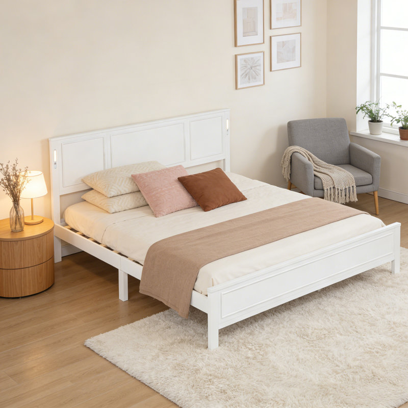 Très grande base de lit en bois avec lumières DEL et station de charge, Blanc, Très grand lit