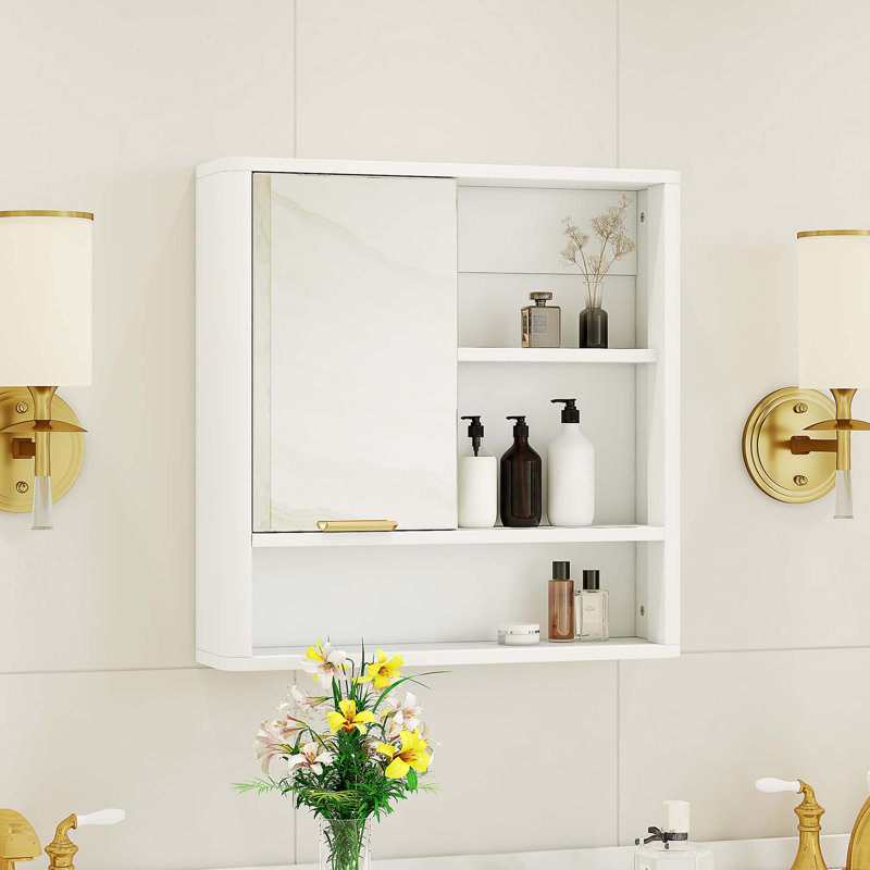 Armoire de salle de bain murale moderne avec rangement dissimulé, tablettes ouvertes, construction imperméable et rangement pour meuble-lavabo compact.