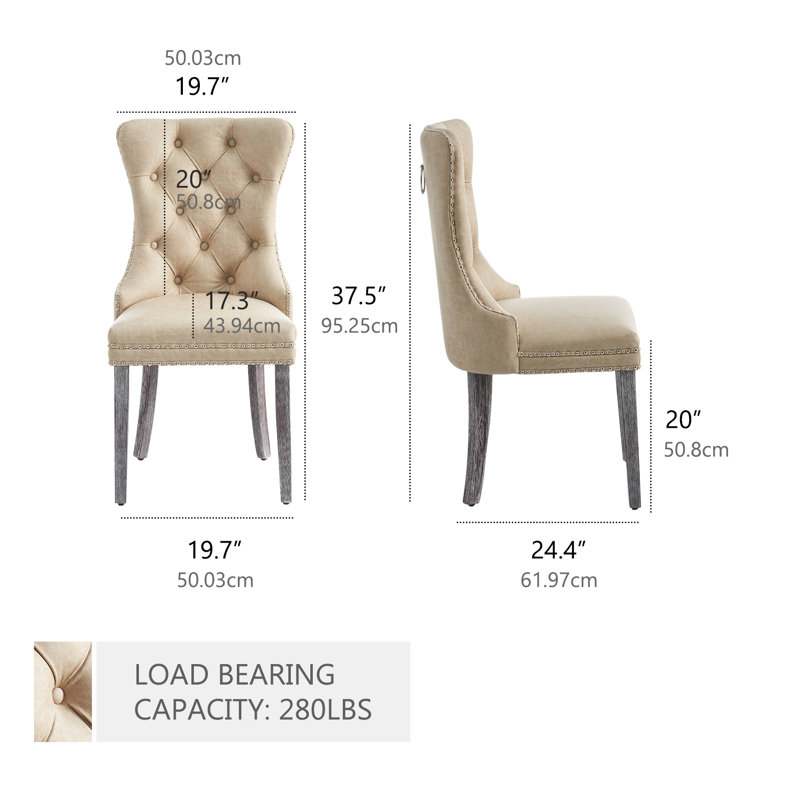 Chaises de salle à manger glamour en velours capitonné avec garniture cloutée, ensemble de 2 pieds en bois rétro pour la salle à manger et la cuisine (beige)