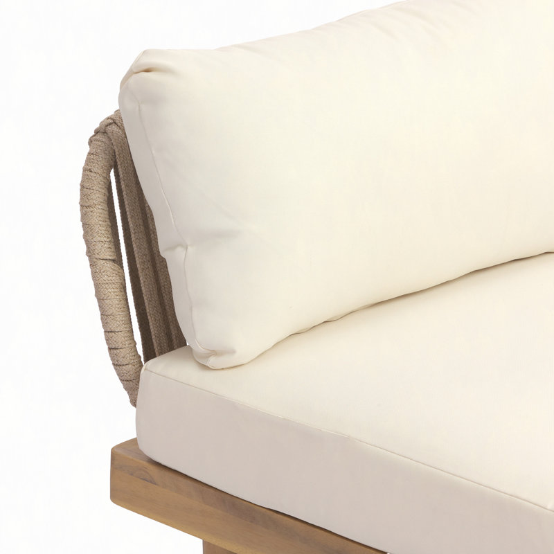 Chaise d'extérieur sans accoudoirs en bois d'acacia avec dossier en corde et coussin résistant aux intempéries