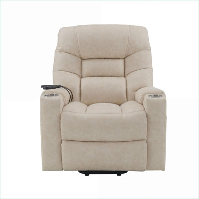 Beige Finish Faux Leather Power Motion Recliner  for Daily Home Relaxation with Lift Heating and Massage