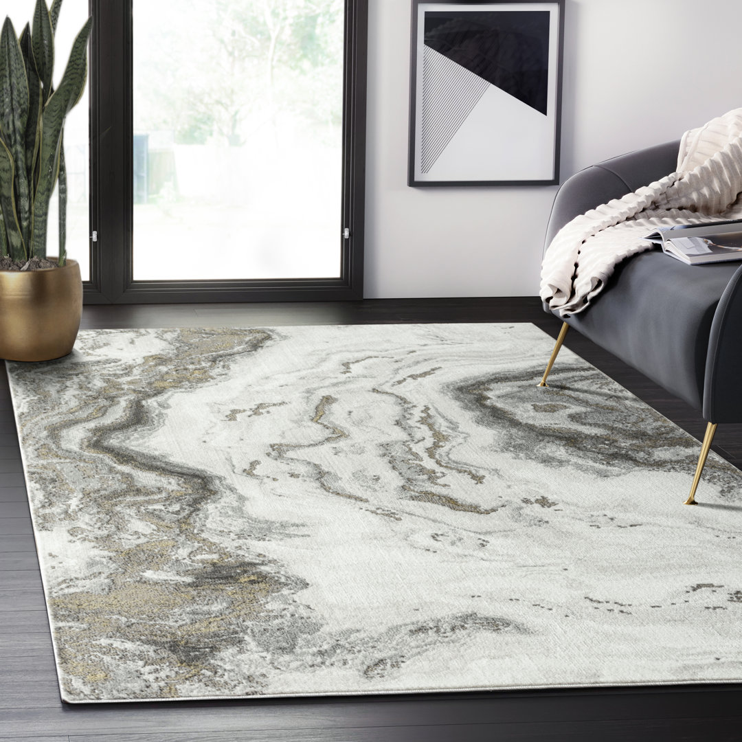 Abani Nedrud LUN270A Contemporary White Distressed Marble Area Rug Orren Ellis Rug 