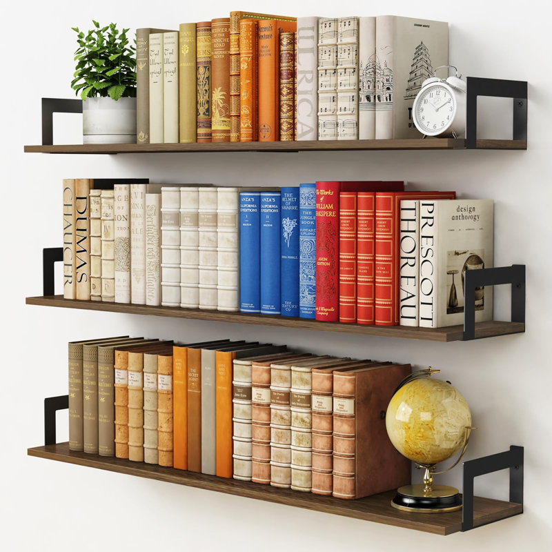 Floating Book Shelves for Wall Set of 3, Rustic Brown