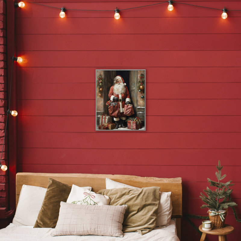 Père Noël sur le pas de la porte, estampe numérique, design par Jo Moulton, H 20 po x l 16 po, Estampe numérique Farmhouse