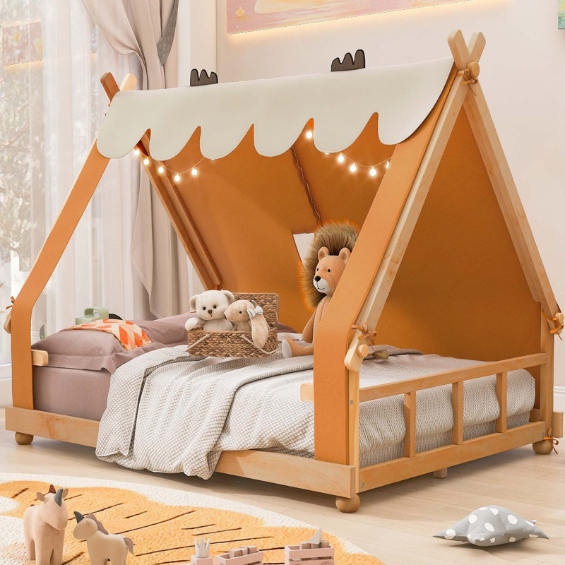 Lit en bois avec tente et lumière, Full, Brown