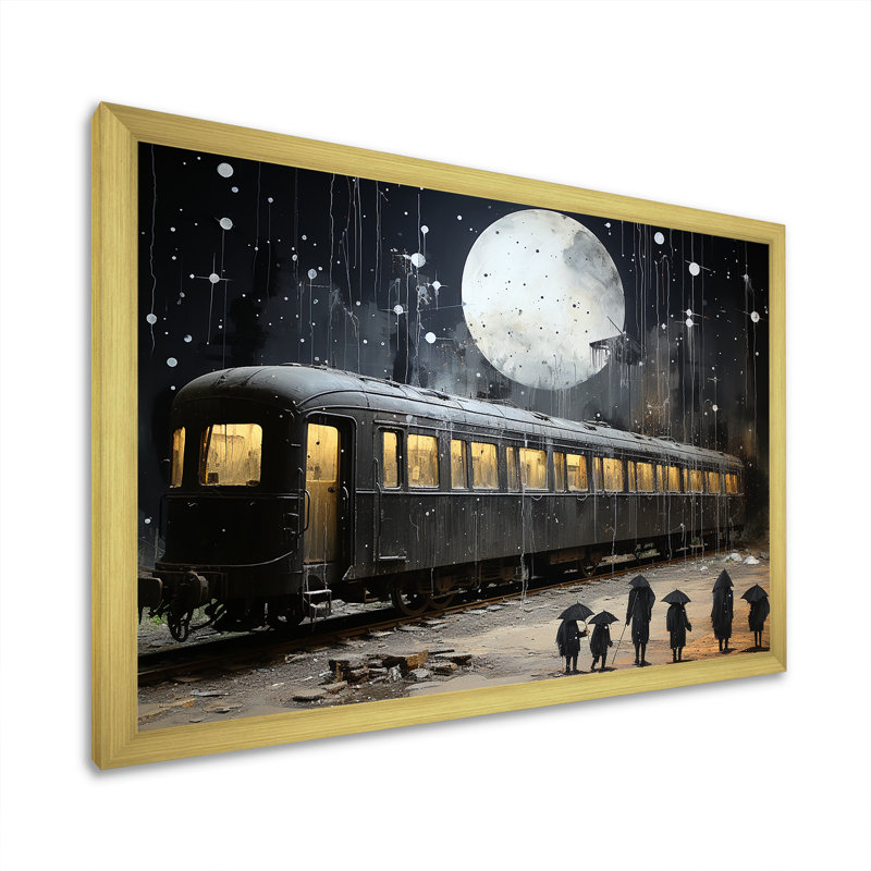 Black Union Train Station I - Train, art mural, Cadre doré à coins fermés, H 16 po x l 32 po x P 1 po