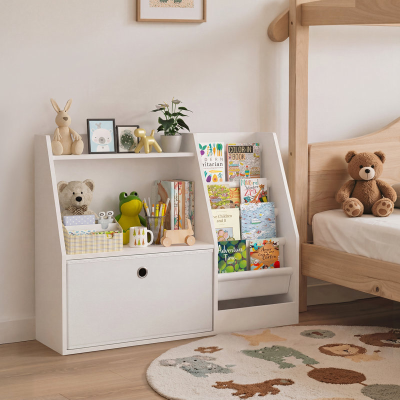 Bibliothèque blanche à 2 niveaux pour enfants avec sangles en tissu pour chambre à coucher ou salle de jeux, Blanc