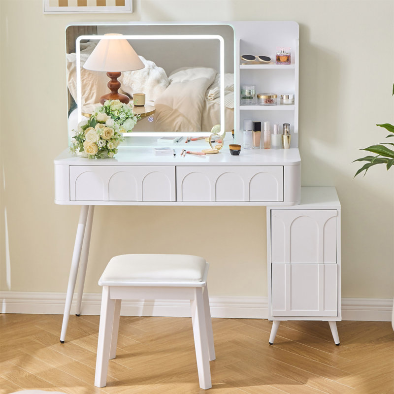 Modern Makeup Vanity Desk With LED Lights & Mirror, 4 Drawer Dressing Table Set With Stool, 3 Colors Dimmable Brightness, Space-Saving For Bedroom