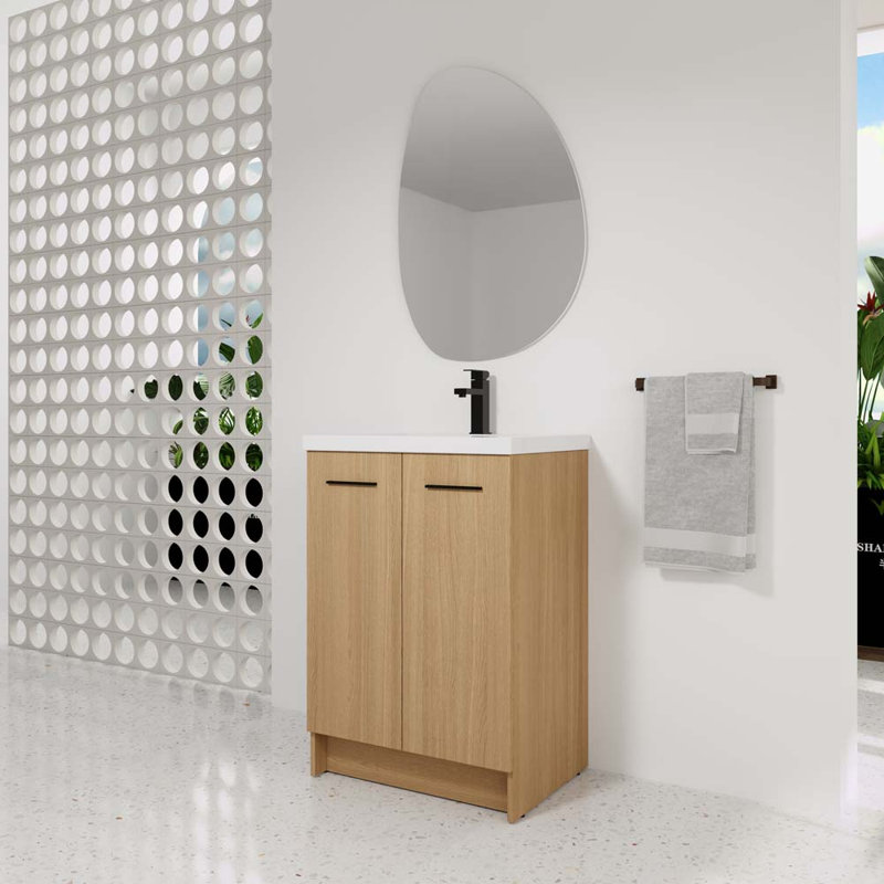 Meuble-lavabo autoportant de 24 po avec lavabo en résine, chêne clair, rangement à double porte, prêt-à-assembler, avec poignées en aluminium noir et brossé