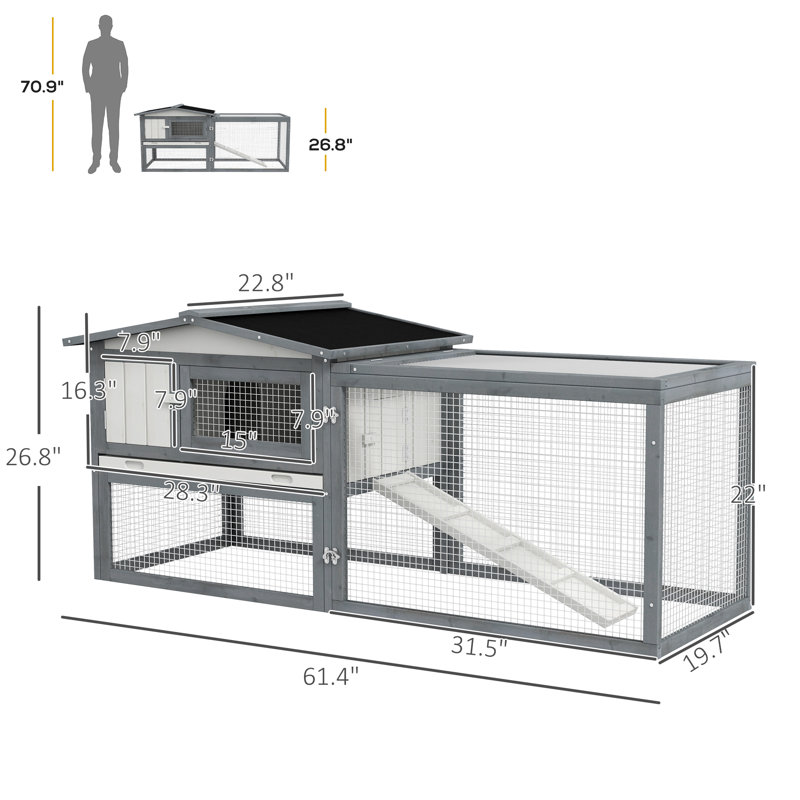 Cage à lapin résistante aux intempéries avec rampe Heller, bois, Gris