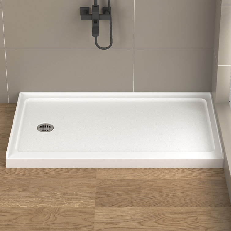 60 in. L x 32 in. W Single Threshold Shower Base Pan With Non-Slip Textured Surface, White Acrylic Shower Base for Bathroom with Drain, White