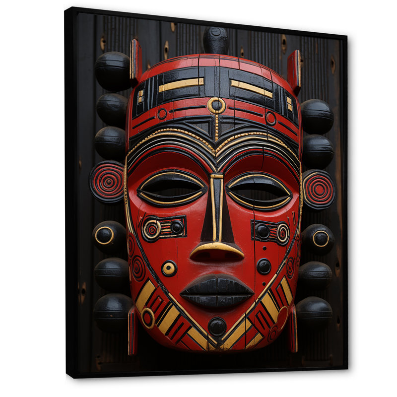 Red Masques ancestraux rouges - Masque africain, art mural, Cadre flottant noir, H 32 po x l 16 po