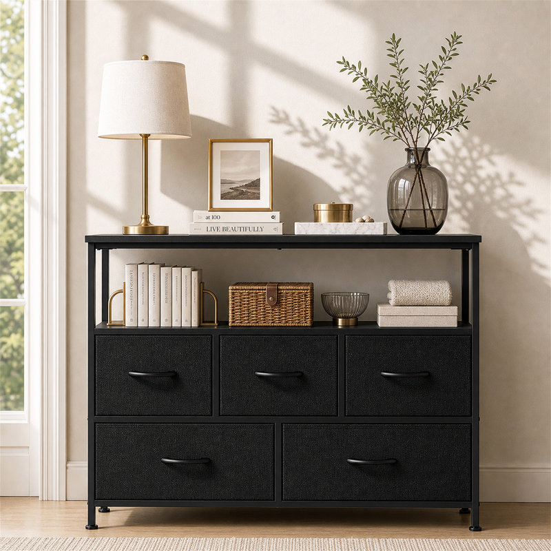 Commode à 5 tiroirs avec tablette ouverte, meuble télé en bois et métal, Noir