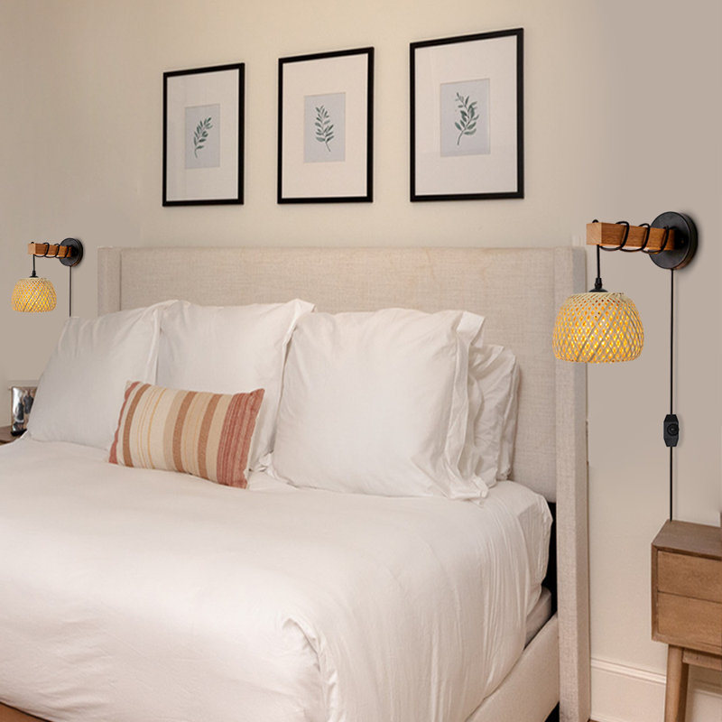 Rattan Boho Plug-in Swing Arm Sconce Farmhouse Lantern Basket Rattan Lampshade for Bedroom