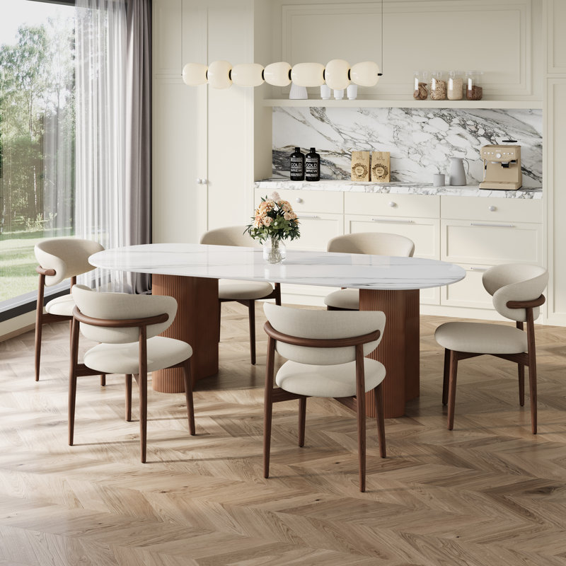 Mid-Century Solid Wood Beige Upholstered Dining Chairs, No Assembly Required Accent Chairs For Dining Room (Set of 6), 6