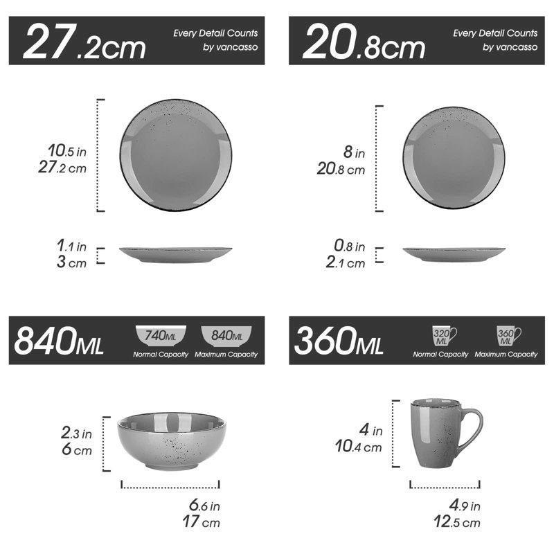 Aayah Ceramic Dinnerware Set 16 Piece - Service for 4, Grey/Brown/Blue