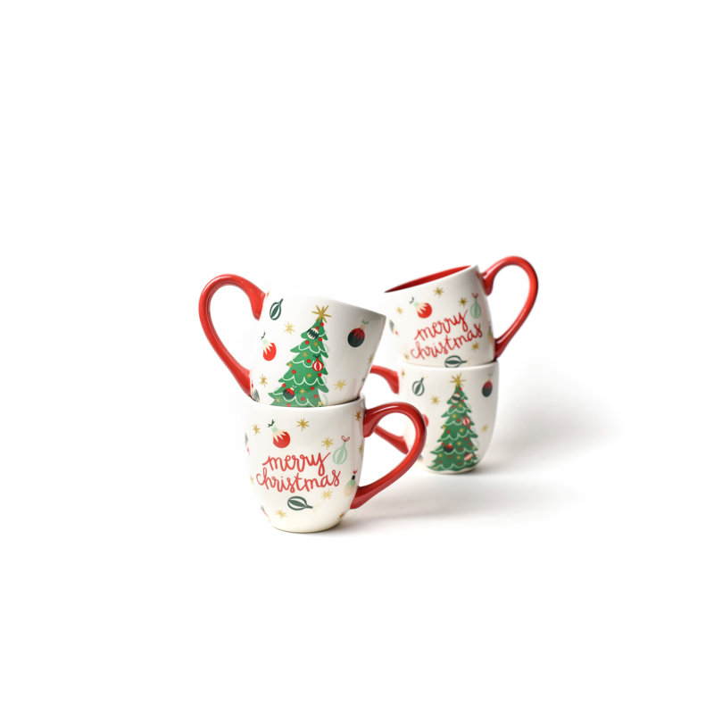 White Ceramic Christmas Tree Mug Set with Gold Stars