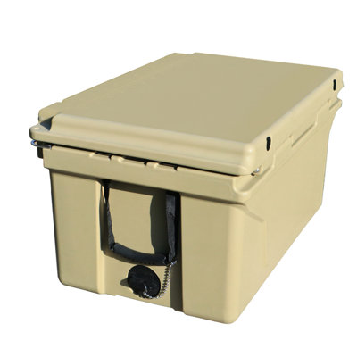 Khaki, 65 Quart, Can Cooler, Travel, Outdoor, Fishing, 5 - Day Cold Retention, Insulation, Construction, Non Slip Feet, Impact Absorbing Grips Travel Body, Inhibitors, Grips, Drain Plug