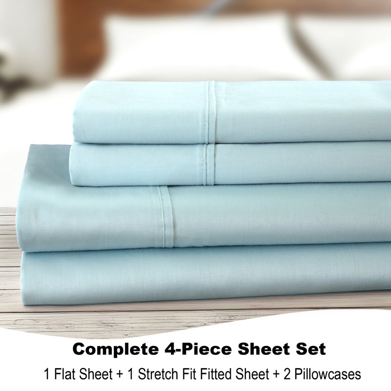 800 Thread Count Cotton Blend BedTite Tight Grip Sheet Set, Queen, Light Blue
