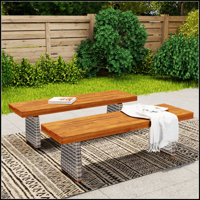 Durable Acacia Wood Outdoor Benches (Set of 2) with Teak Finish and Grey Wicker, Perfect for Patio and Garden