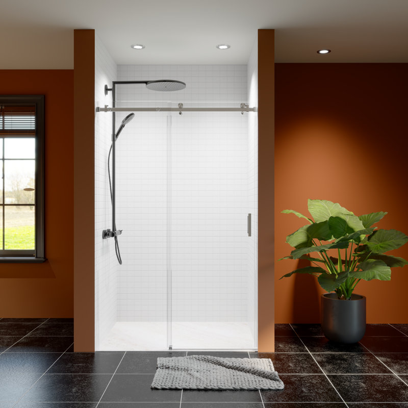 46"-48" W X 76" H Frameless Single Sliding Shower Door,  5/16" (8Mm) Thickened Upgrade Tempered Glass Door, Smooth Roller Stainless Steel Hardware, Reversible Mounted Modern Bathroom Enclosure