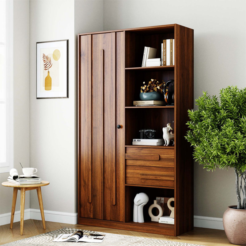 Armoire de rangement autoportante avec porte cannelée, 2 tiroirs et tablettes ouvertes, organisateur polyvalent pour diverses pièces