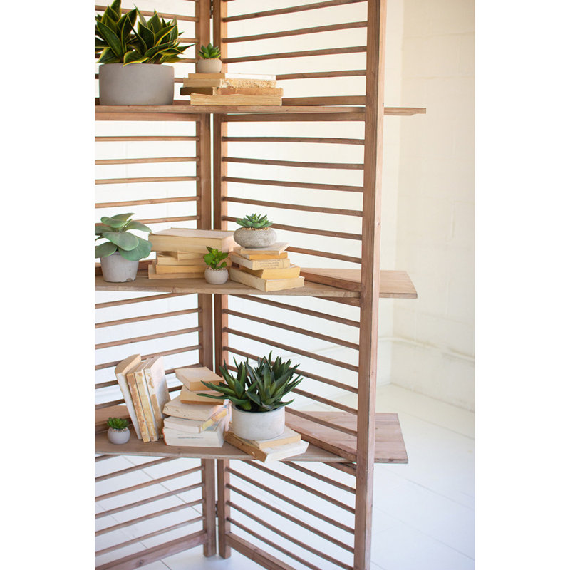 Brown Wooden Folding Screen with Three Shelves