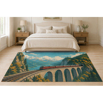 Tapis « Ultra Fin » 152 x 213 cm (5 pi x 7 pi) à motif de viaduc en pierre et train de montagne, idéal pour la chambre, le salon et le bureau à domicile. Moquette douce à poils courts avec envers antidérapant en silicone.
