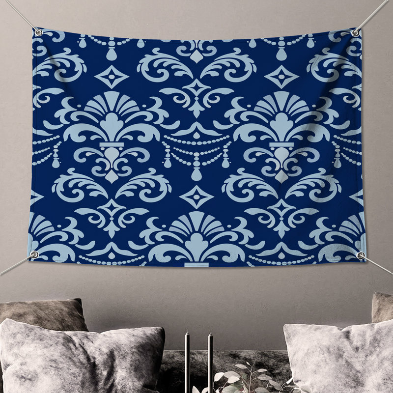 Tapisserie murale bleue à motif damassé - Décoration murale damassé, 104in H x88 with 4 Grommets