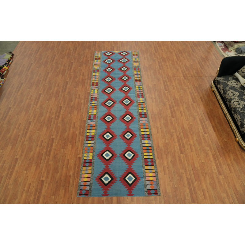 Tapis de couloir oriental bleu Kilim