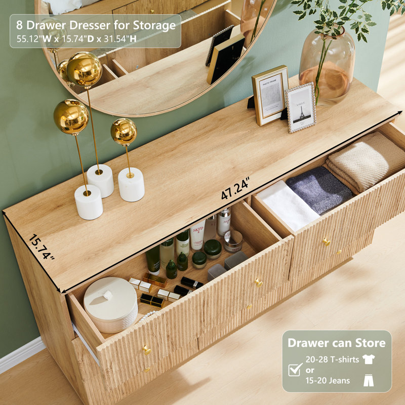 Aberdeen Fluted 55" Wide 8-Drawer Dresser for Bedroom, Dresser Storage Organizer, Modern Bedroom Chest of Drawer with Deep Storage for Closet, Hallway, Entryway, Natural
