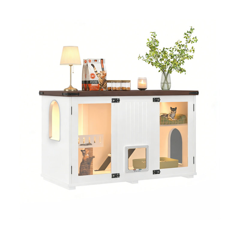 Enceinte de litière pour chat 47,25 po avec lumière DEL, meubles cachés pour litière, maisonnette pour chat avec escalier et griffoir pour chat, table d'appoint pour chat avec porte intelligente pour salon