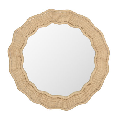 Scalloped Wicker Round Wall Mirror, Diameter 39.5 in, Natural