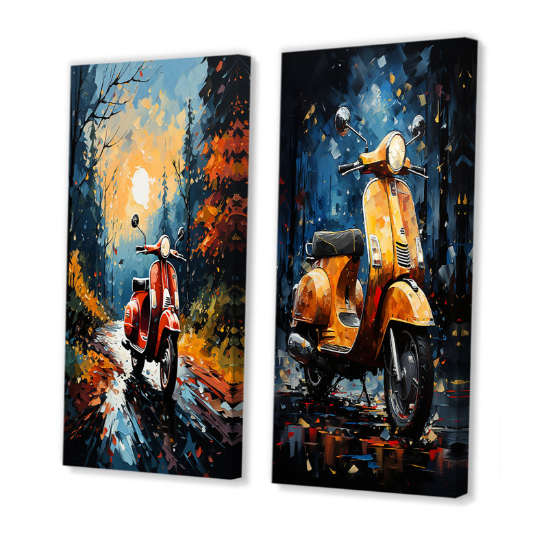 «Riding Scooter In The Country Autumn», ensemble de 2 impressions sur toile, Toile tendue, H 28 po x l 25 po