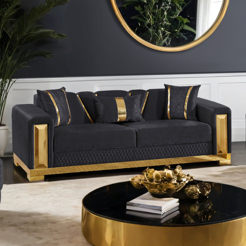 Canapé Milthon avec accoudoirs et coussins décoratifs, Noir