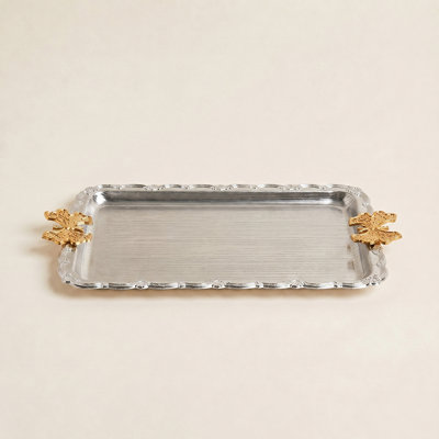 European Vintage Decorative Tray with Gold Butterfly Handles | Brushed Silver Metal Tray for Vanity, Coffee Table & Entryway