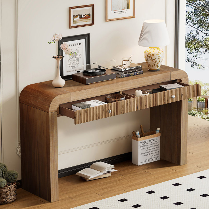 Floret 54.3" Fluted Design Console Table With Curved Edge, Natural
