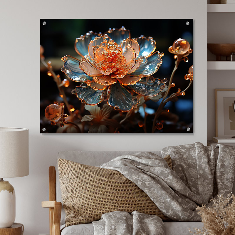 Fleur de pêche cristal I - art mural acrylique en verre floral, H 12 po x l 20 po
