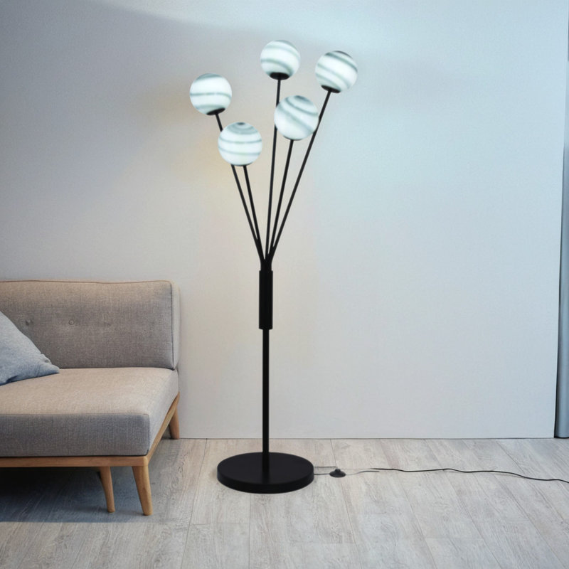 Lampe sur pied DEL en métal 5 lumières, laiton poli avec brun, Noir, noir, noir, noir, Noir/gris