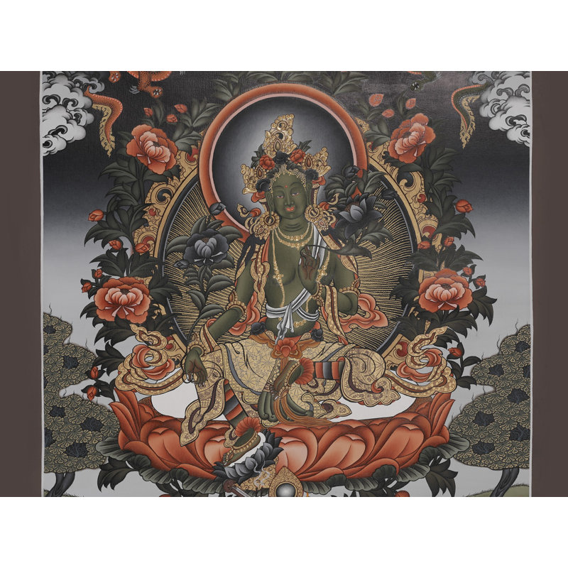 Déesse verte, art mural bouddhiste tibétain peint à la main Tara Thangka, sans brocart, or pur 24 carats avec acrylique, 23,6 po x 17,3 po