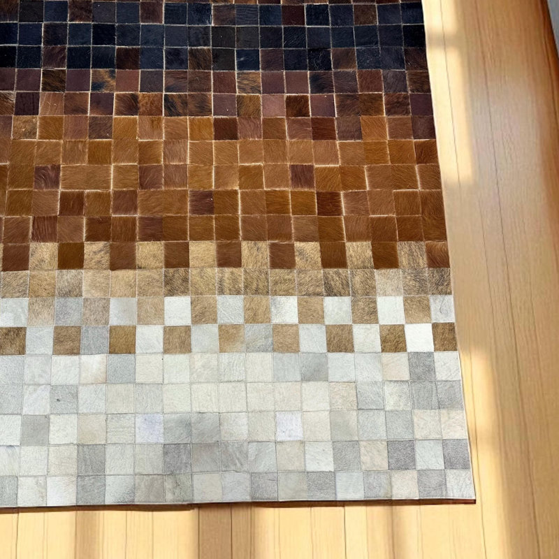 Tapis brun en peau de vache ombrée, tapis d'entrée fait à la main, Rectangle 6 pi x 9 pi