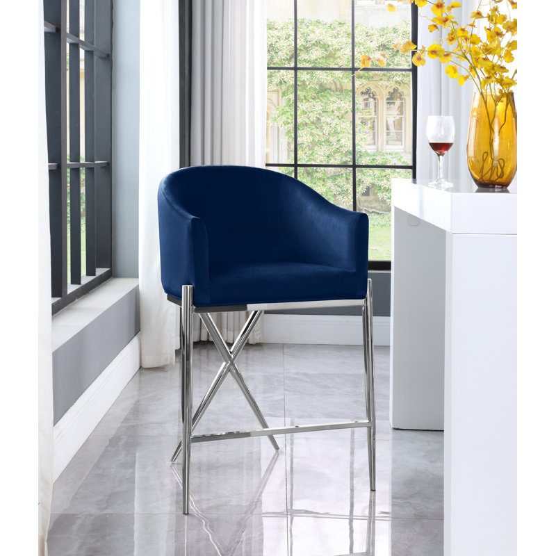 Xavier 26.5" Counter Stool, Navy Velvet, Chrome