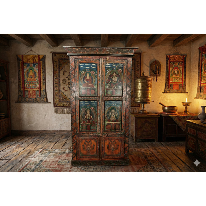 Armoire de rangement 77 po Bouddha tibétain en bois peint à la main vintage