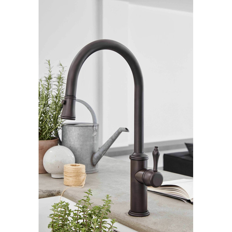 Davoli Pull-Down Kitchen Faucet with Button Sprayer - High Arc Spout, Carbon