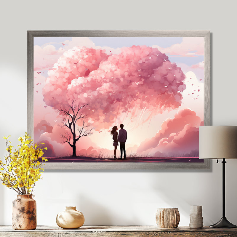 «Pink romantique couple love dream», art mural paysage romantique pour le salon, Cadre de coin argenté fermé